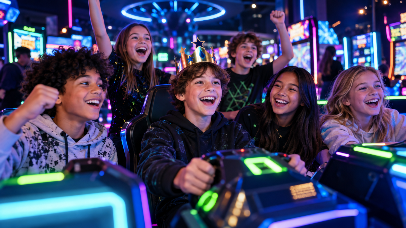 A birthday group celebrating together in The Void arcade