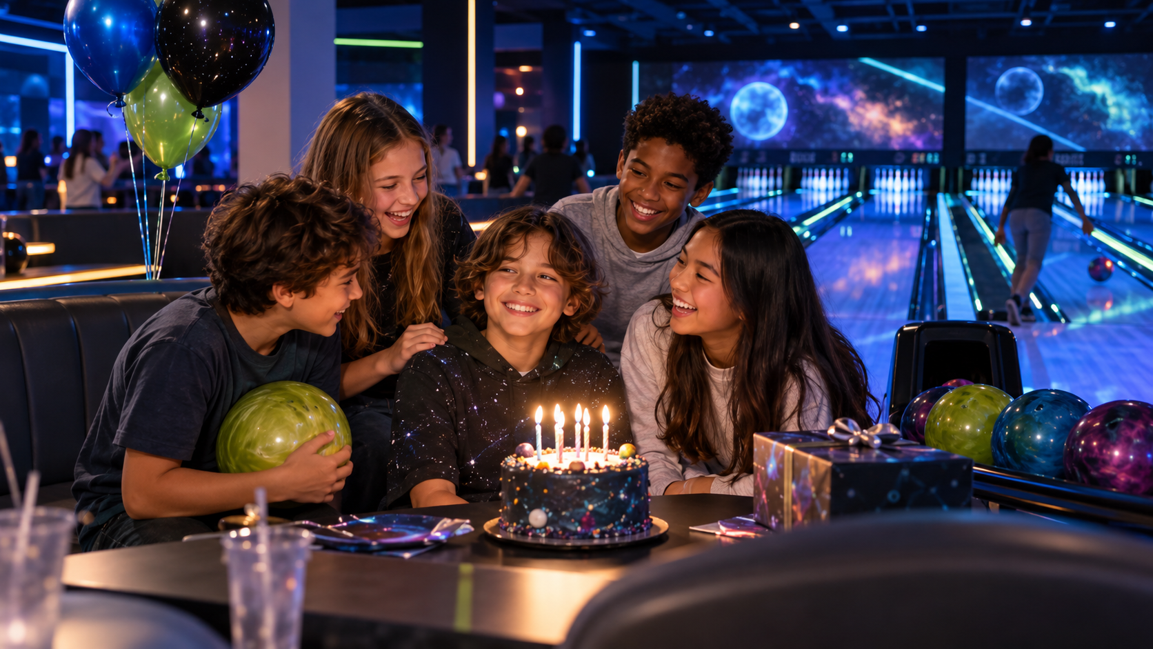 A birthday group celebrating beside the bowling lanes